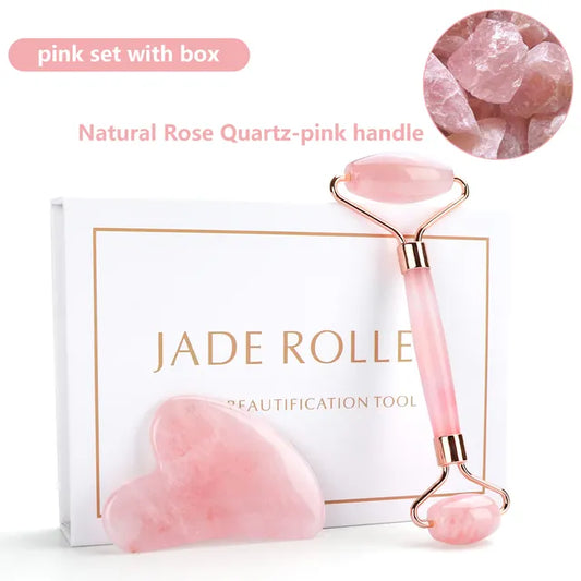 Natural Rose Quartz Jade Roller Gua Sha Set Facial Body Massager Roller Jade Stone Massage Set Face Lifting Beauty Massage Tools
